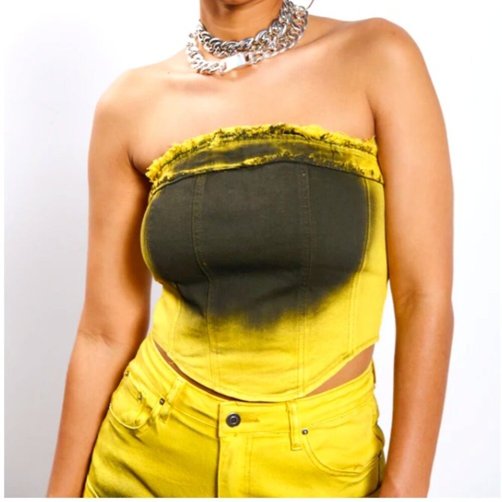 Callie Lives Miz The Spot AKIRA Yellow & Black Spraypaint Art Corset Top S M
